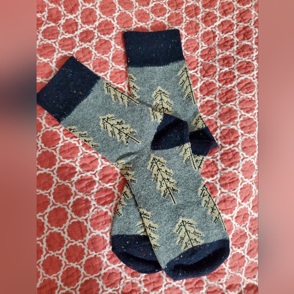 Wool socks slate blue trees Forrest fall winter Christmas soft New